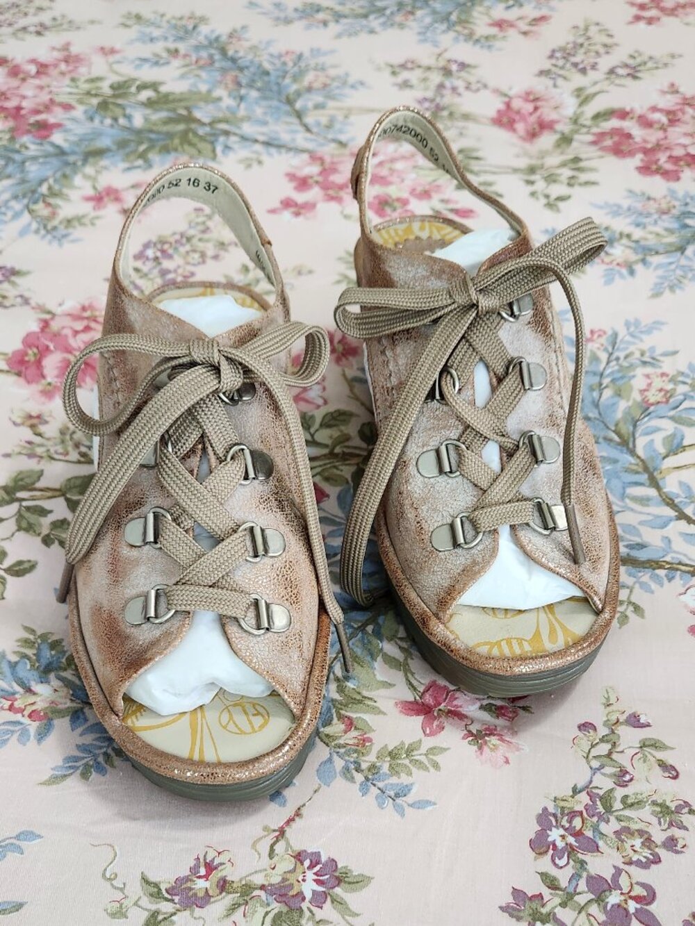 Fly London Ylfa Luna Rose Gold Wedge Sandals